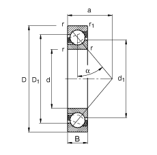 角接觸球軸承 7310-B-TVP, 根據 DIN 628-1 標準的主要尺寸，接觸角 α = 40°