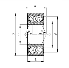 角接觸球軸承 3005-B-2RSR-TVH, 雙列，雙側(cè)唇密封，接觸角 α = 25°