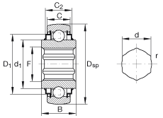 外球面球軸承 SK100-206-KRR-B-AH11, 球面外圈，內(nèi)圈帶六角形孔，兩側(cè) R 型密封